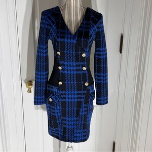 VENUS Blue and Black Plaid Dress 80s style XS secretary D268